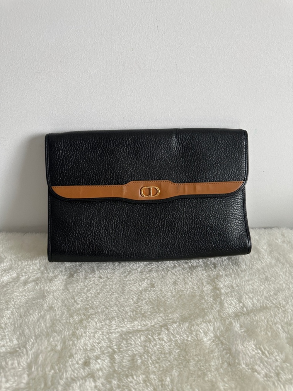 Christian Dior Two Way Black Pebbled Leather Clutch with Tan Trim